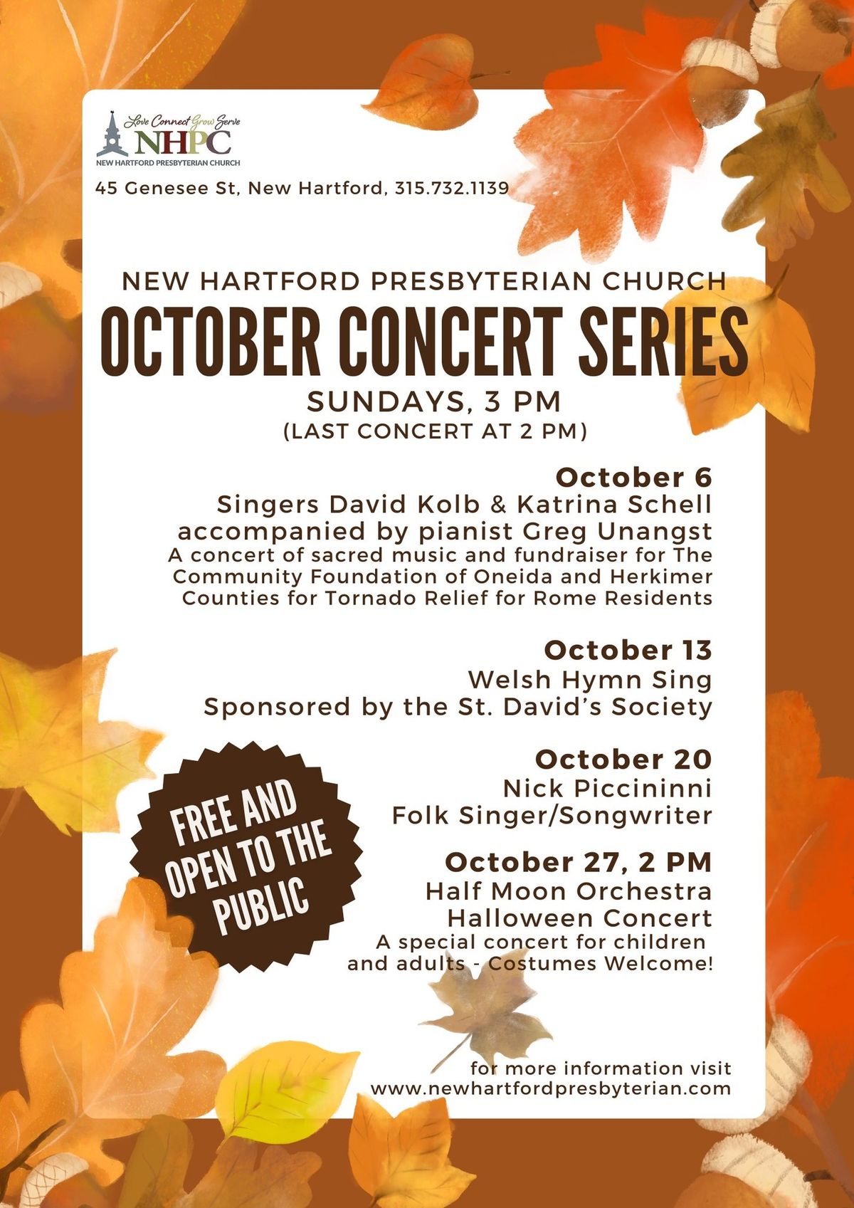 Free Concert - 3pm, Oct 6th.  Singers David Kolb, Katrina Schell & pianist Greg Unangst