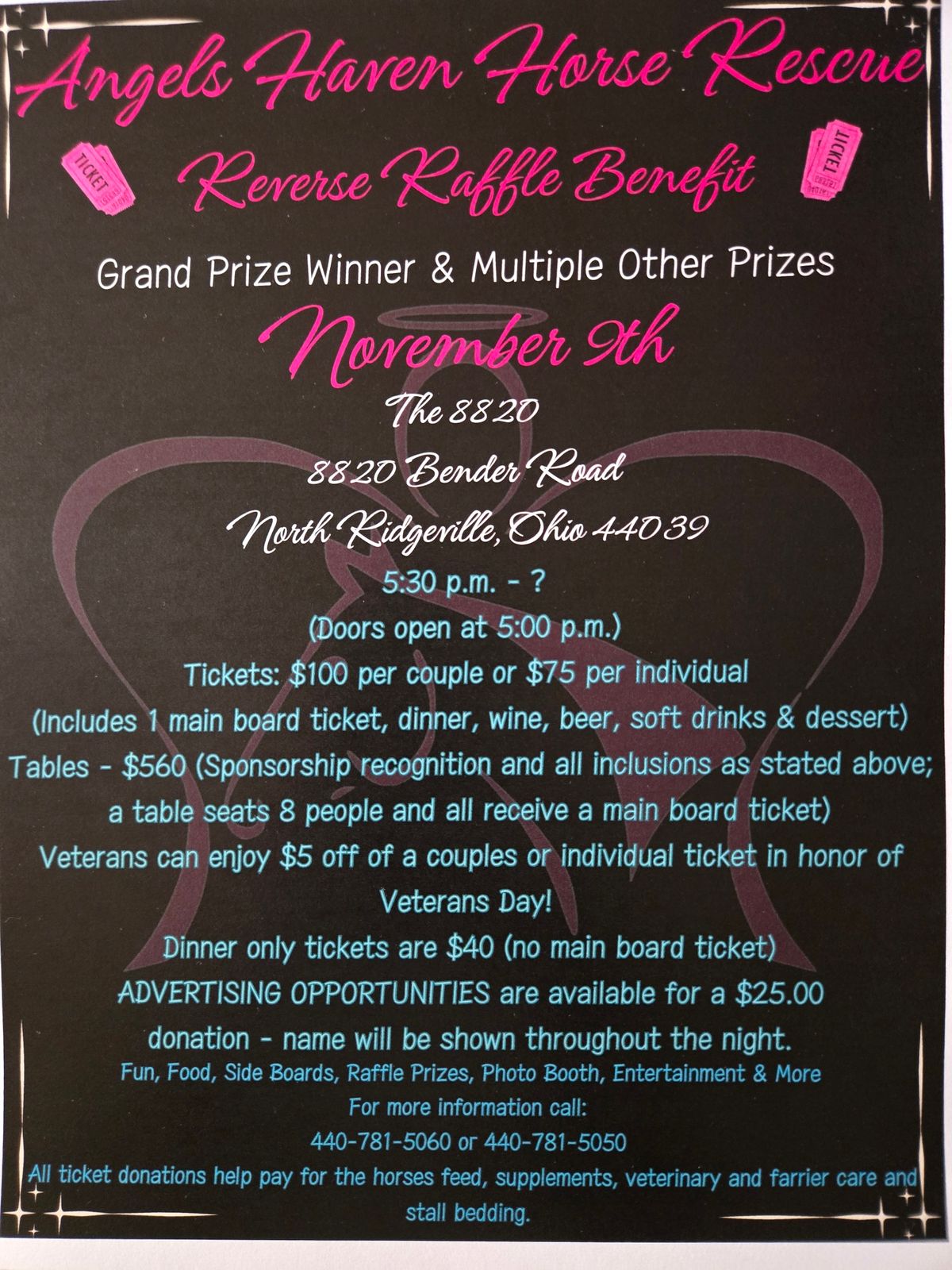 Reverse Raffle Benefit Dinner for The Angels Haven Horse Rescue [Saturday November 9th 2024]