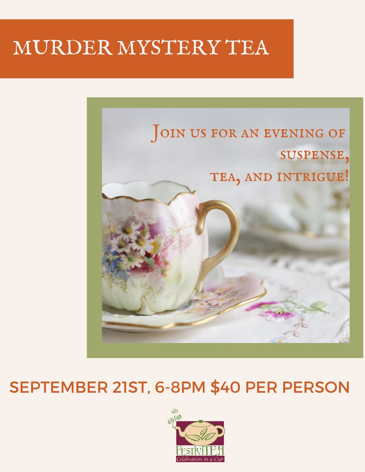 Murder Mystery Tea - September 2024 SOLD OUT - Call\/Message to join the waitlist