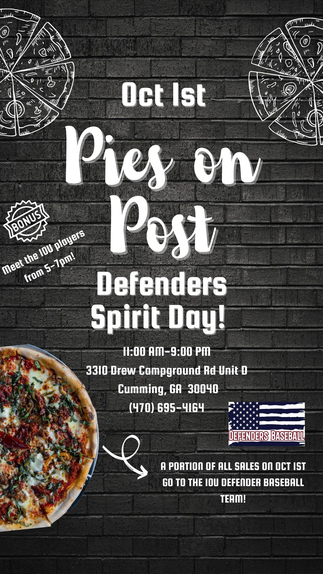 Spirit Night @ PIES! - Support Local Athletes- The Defenders baseball team 