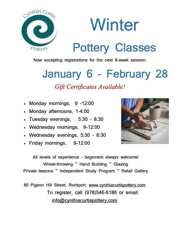 Winter Pottery Classes January 6-February 28