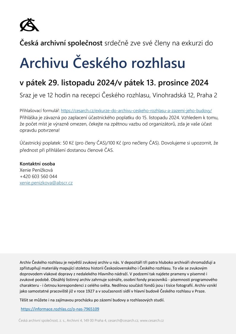 Exkurze do Archivu \u010cesk\u00e9ho rozhlasu a z\u00e1zem\u00ed jeho budovy, 29. 11. a 13. 12. 2024 