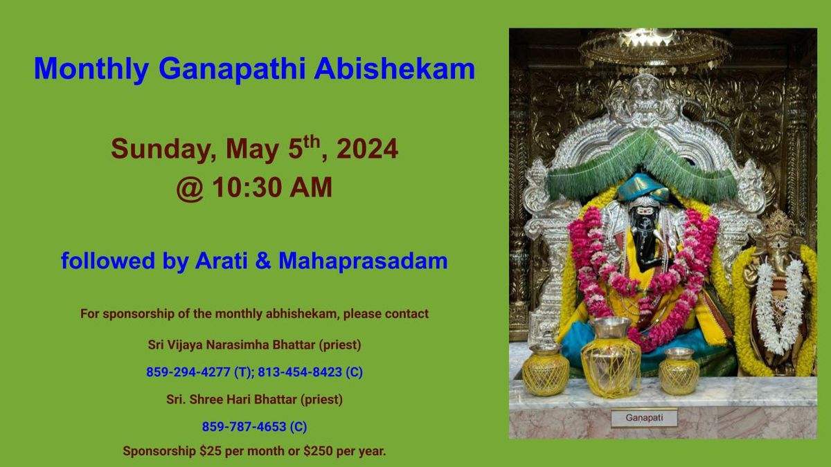 Monthly Ganesha Abhisheka on 5\/5\/24 at 10:30am