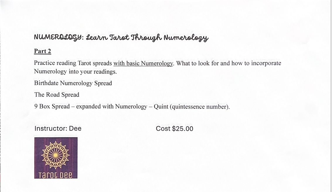 SOLD OUT Numerology: Learn Tarot Through Numerology PART TWO    $25