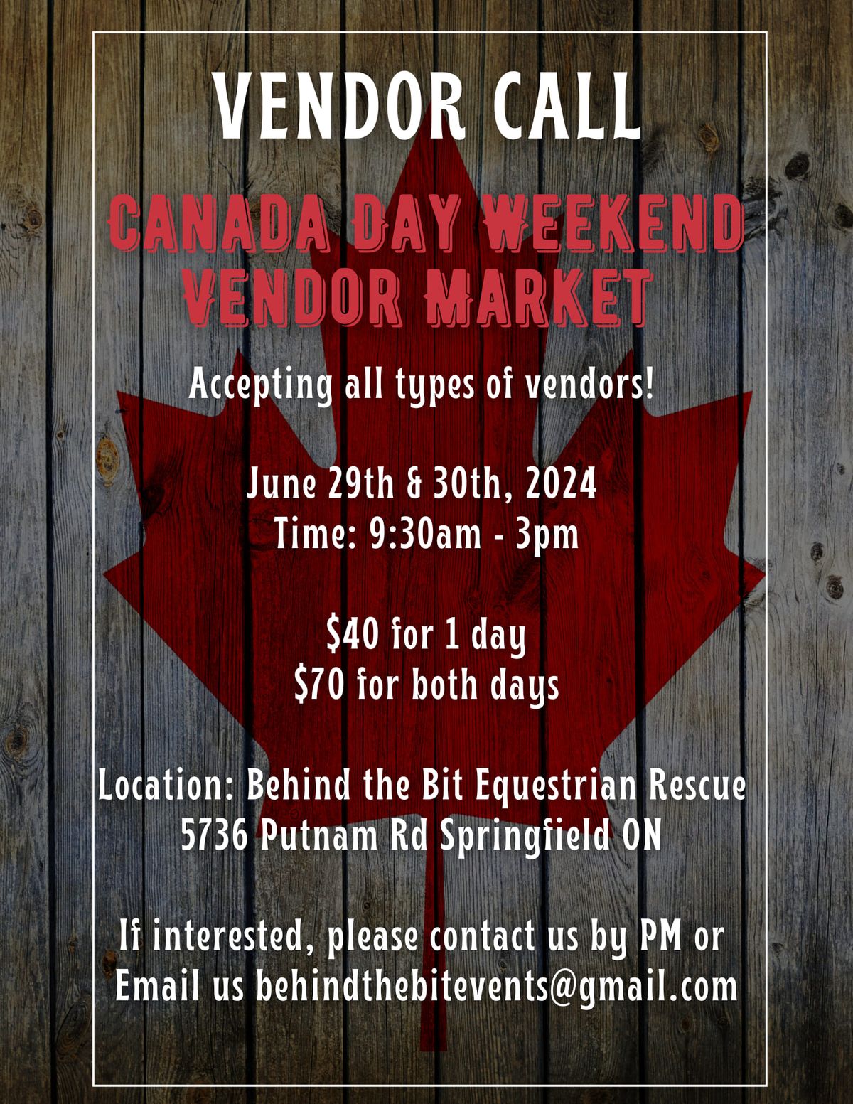 Canada Day Weekend Vendor's Wanted