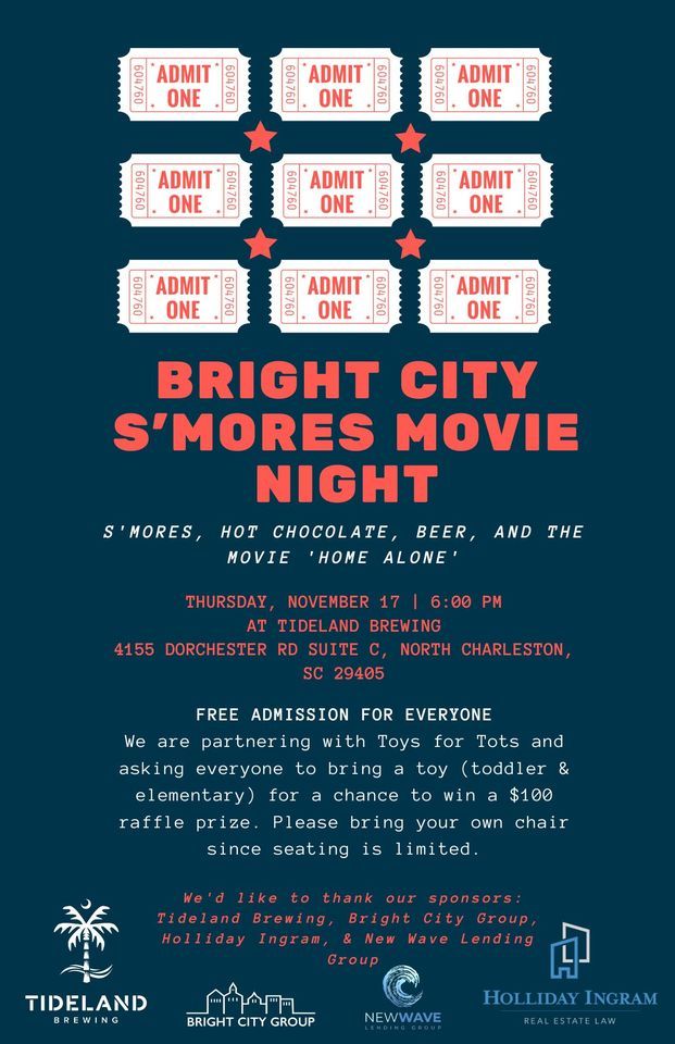 Bright City Smores Movie Night, Tideland Brewing, Charleston, 17 ...