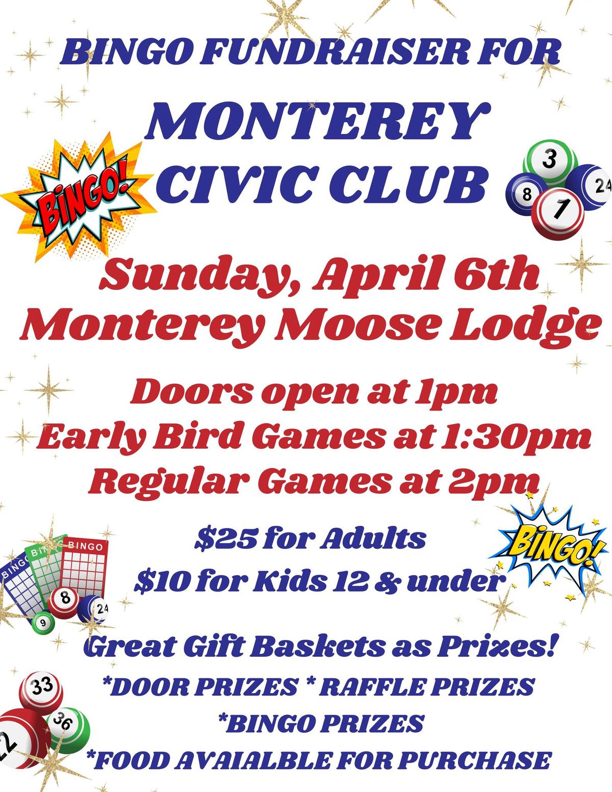 Bingo fundraiser for Monterey Civic Club SUNDAY April 6th