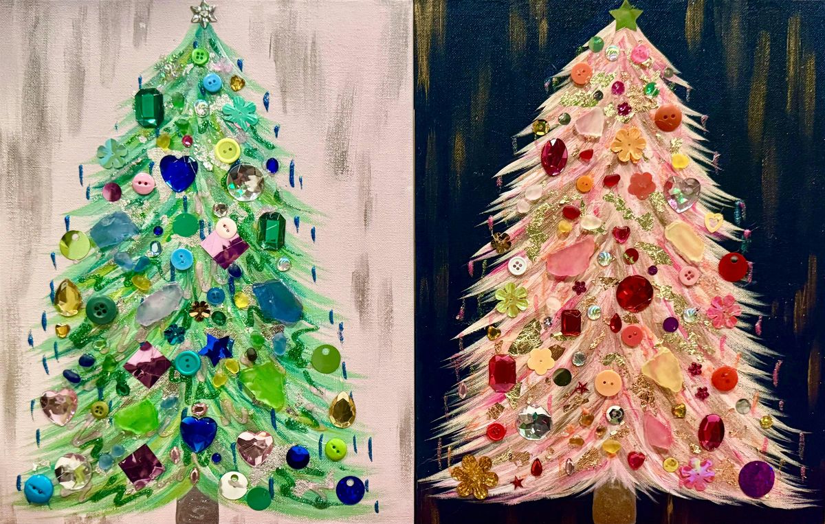 Merry & Bright 3D mixed media trees at The Wine Barrel