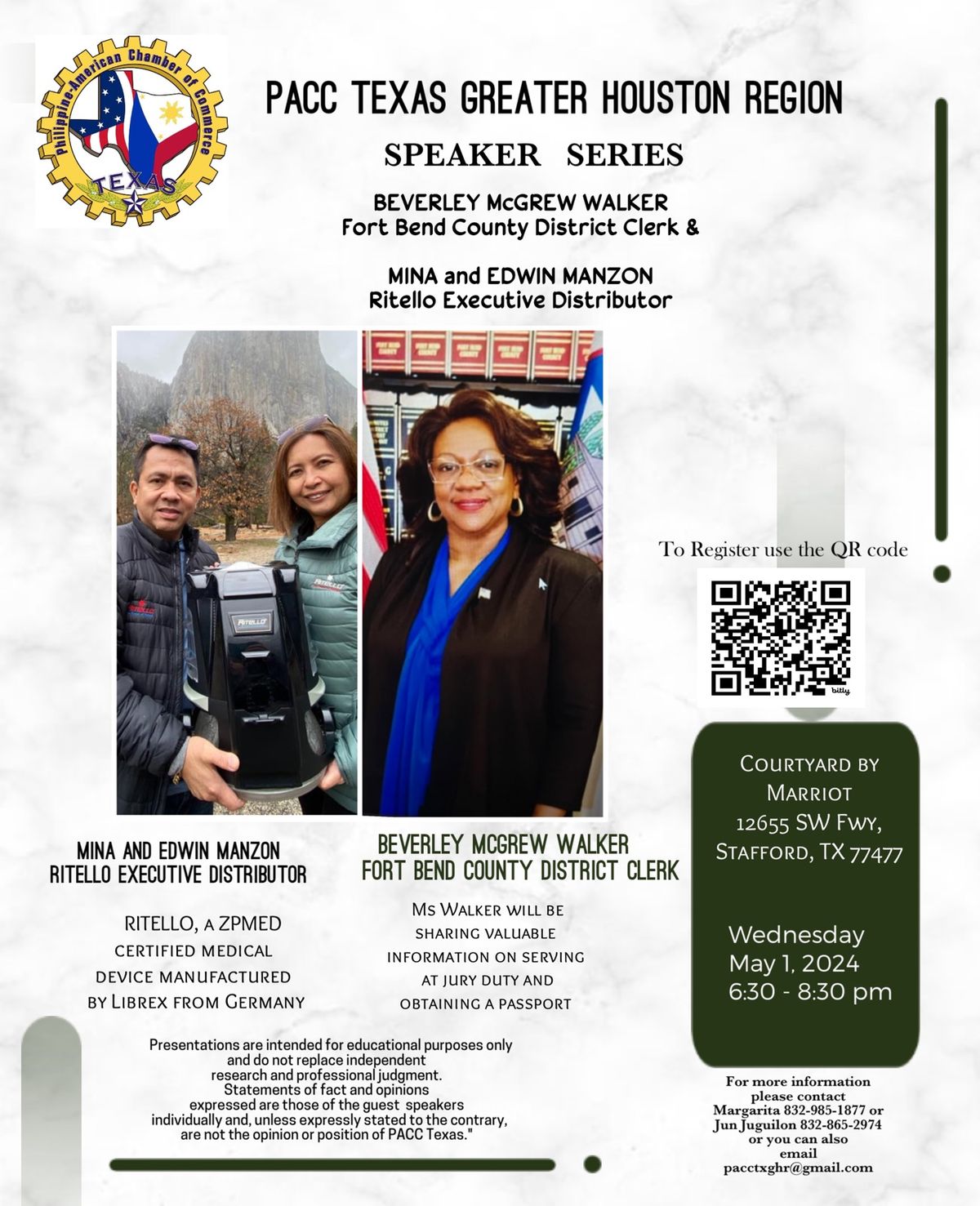 Speaker Series Event : Beverley Walker - Fort Bend County District Clerk ; Mina and Edwin Manzon 