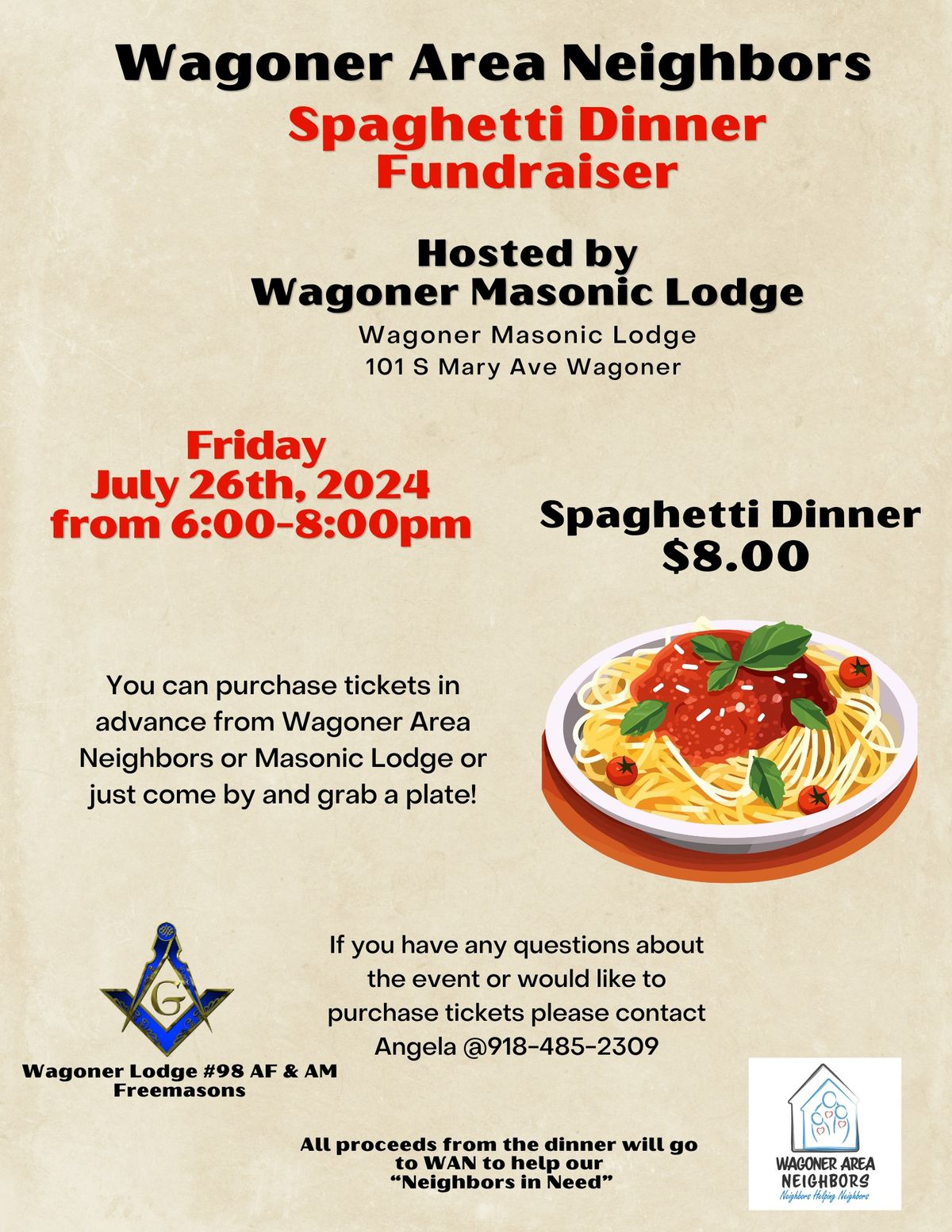 Wagoner Area Neighbors Spaghetti Dinner Fundraiser Hosted by Wagoner Masonic Lodge