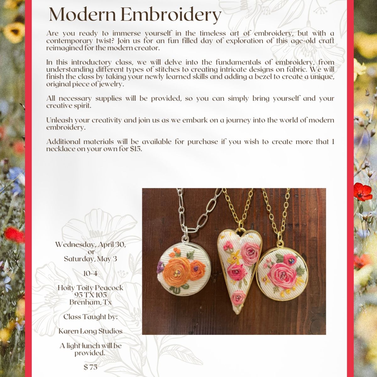 Modern Embroidery Necklace Workshop | Beginners Welcome