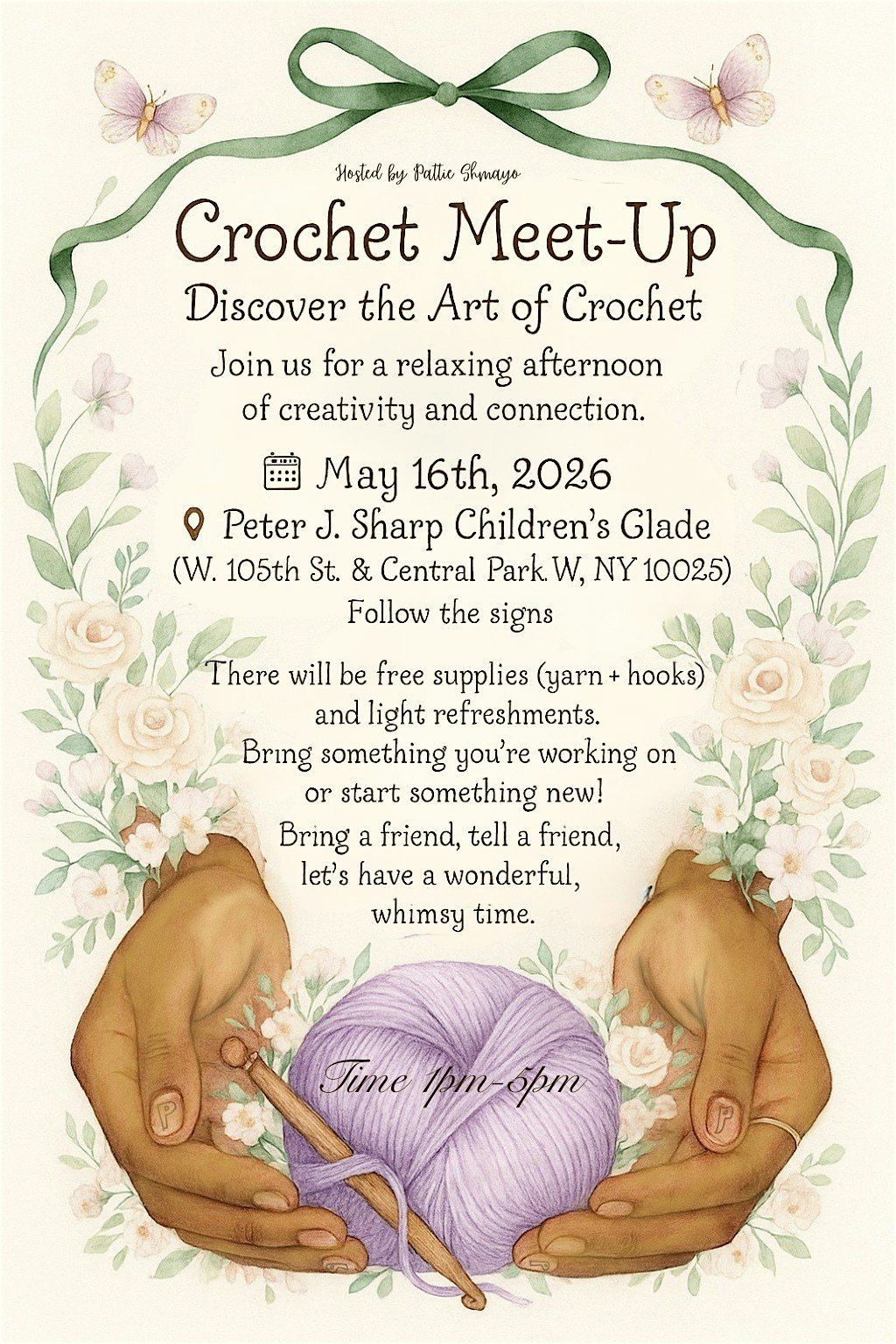 A cozy crochet meet-up in Central Park! Free yarn (first come), refreshment