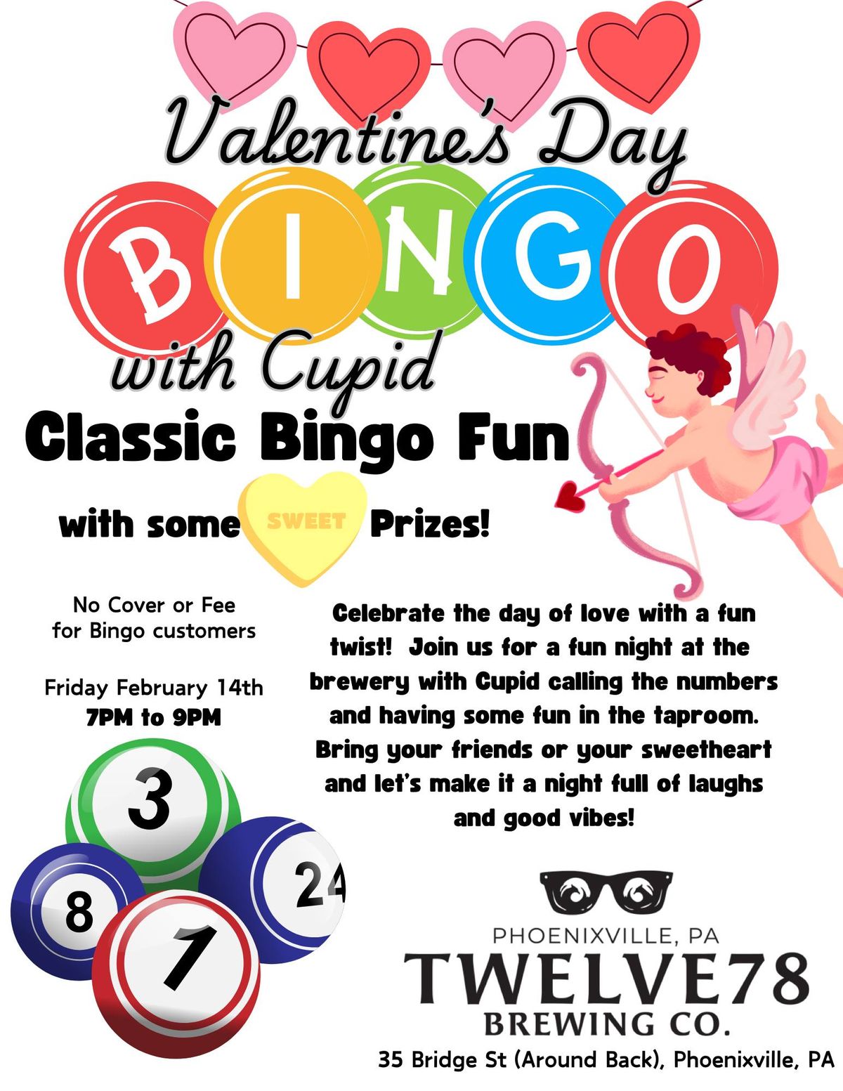 \ud83d\udc98\ud83d\udc8c Valentine's Day Bingo with Cupid at Twelve78 Brewing! \ud83c\udf89\ud83d\udc96