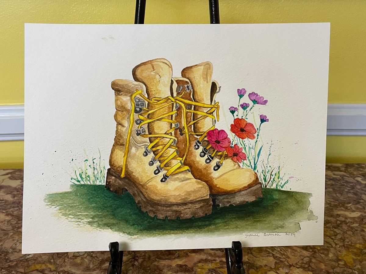 Watercolor class- featuring hiking boot and flowers