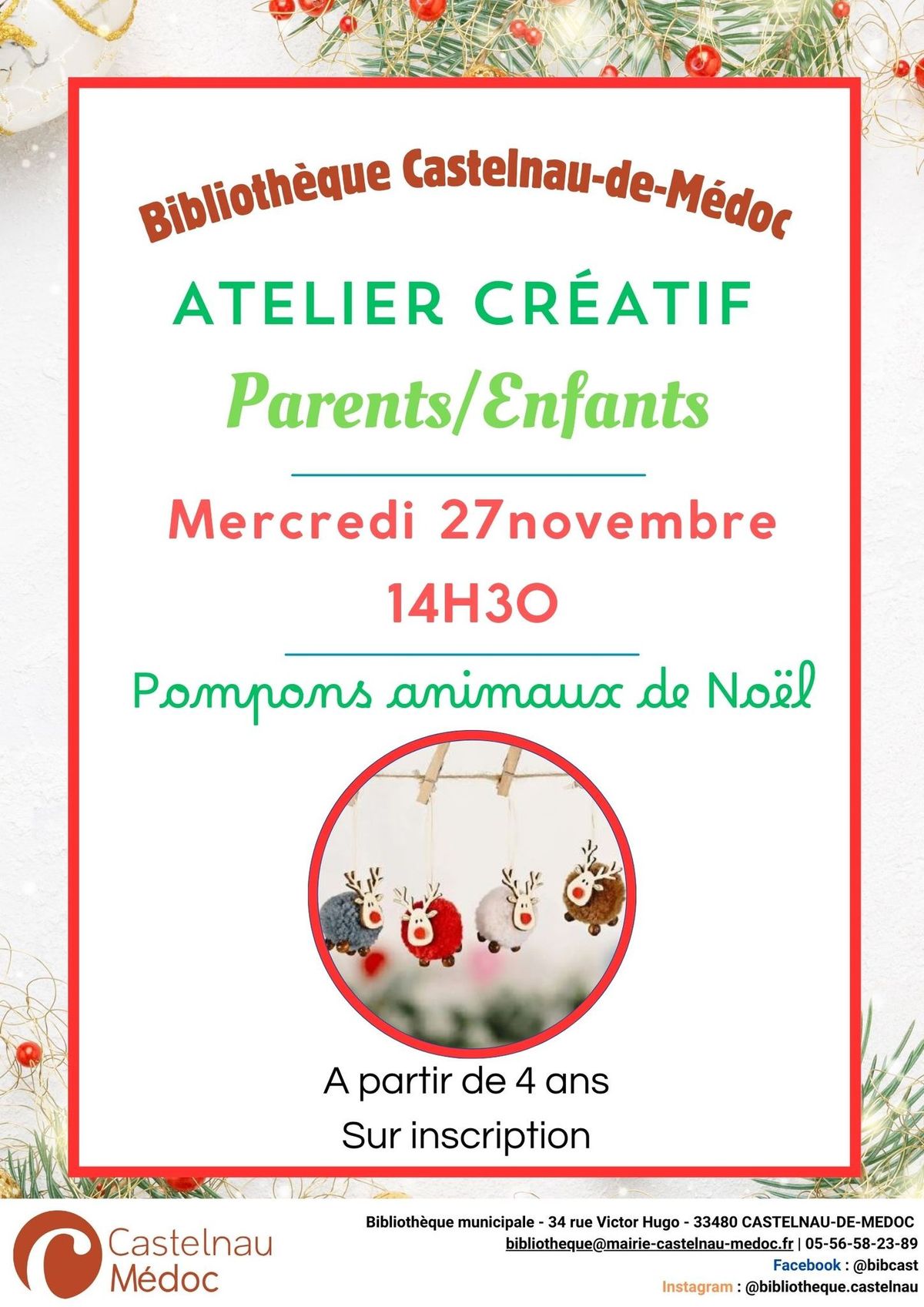 Atelier cr\u00e9atif parents\/enfants - Pompons animaux de No\u00ebl - Mercredi 27 Novembre- 14H30