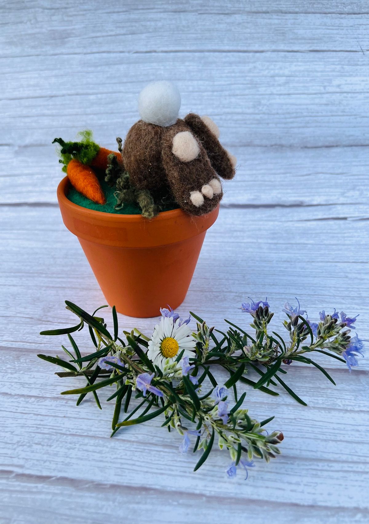 Needle Felted Burrowing Bunny in Flower Pot - The Wool Baa Felixstowe 