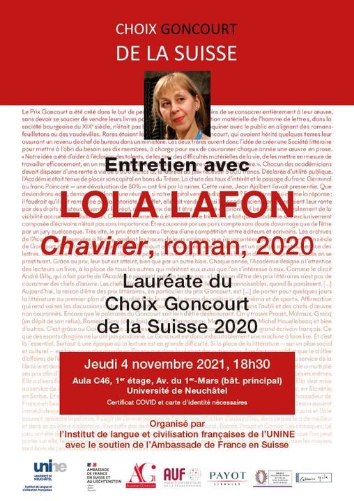 Rencontre avec Lola Lafon, lauréate du Choix Goncourt de la Suisse 2020,  Université de Neuchâtel, Renan, 4 November 2021
