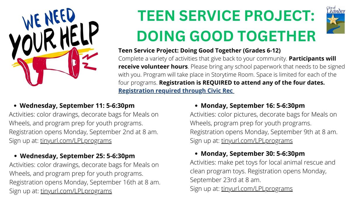 Teen Service Project Program (PRE-REGISTRATION REQUIRED)