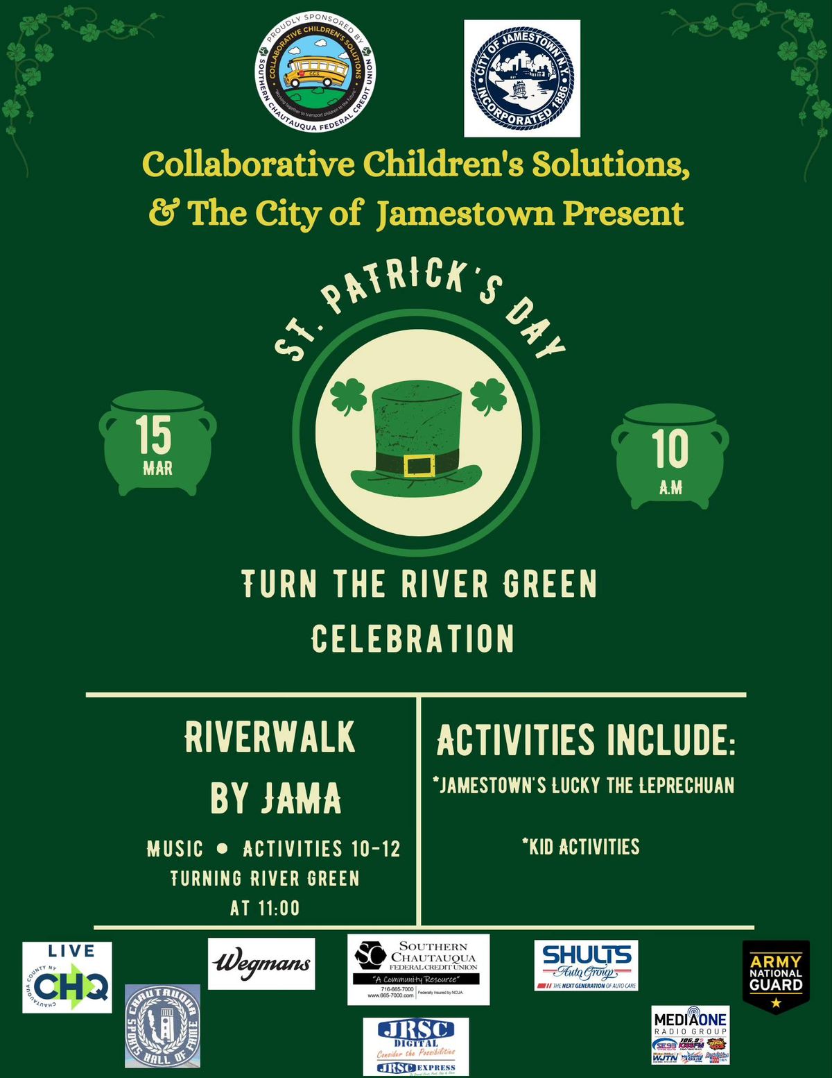 Jamestown NY St Patrick's Day Turn the River Green!