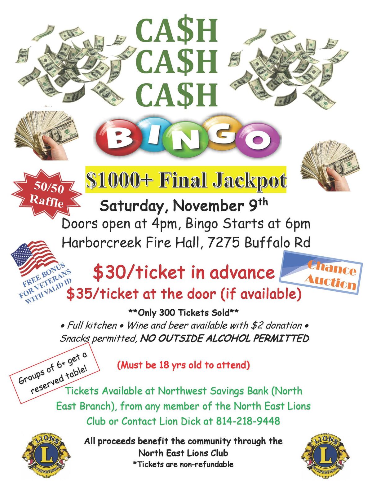 North East Lions Club Cash Bingo-Saturday, November 9, 2024