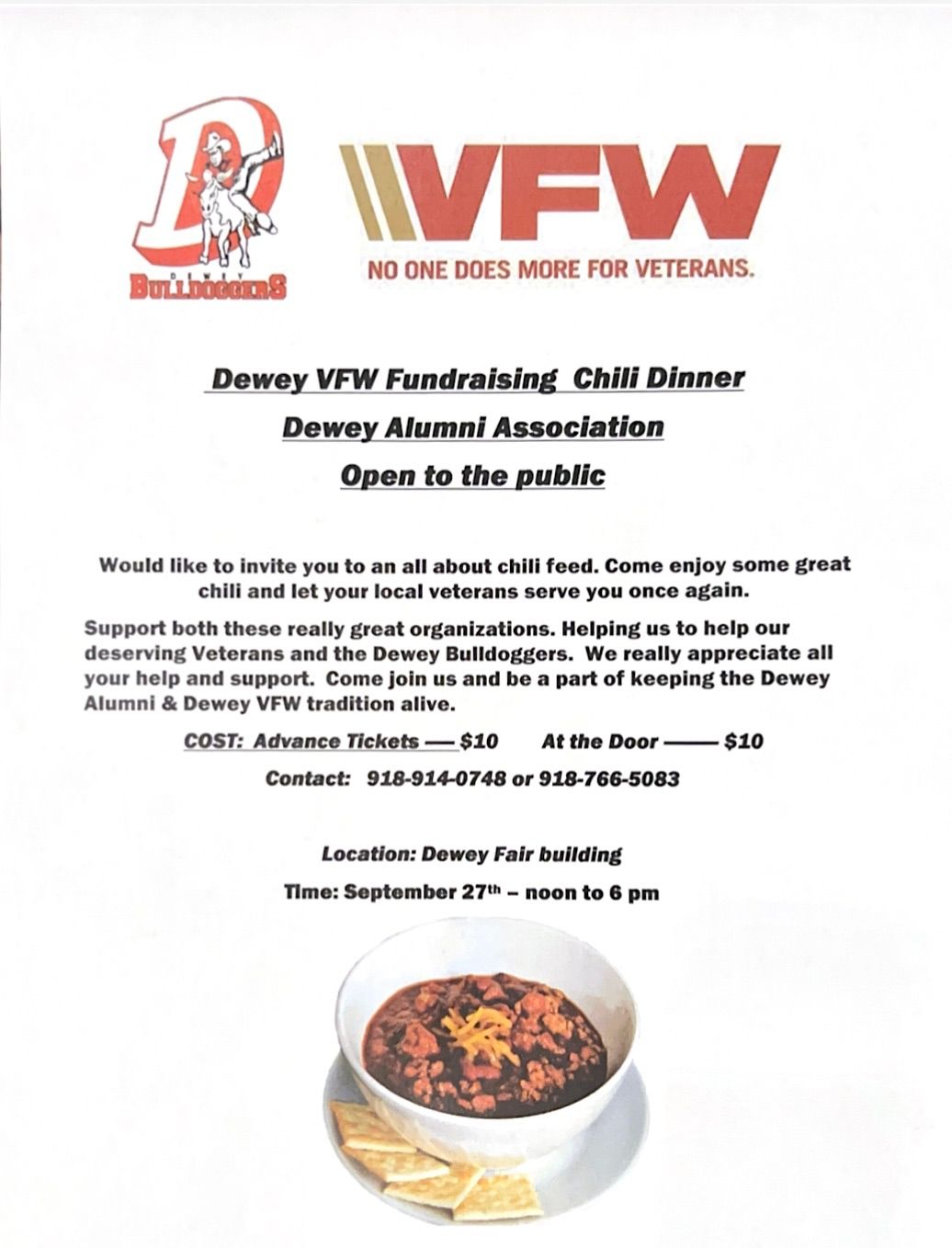 Dewey VFW & Auxiliary Chili Fundraiser