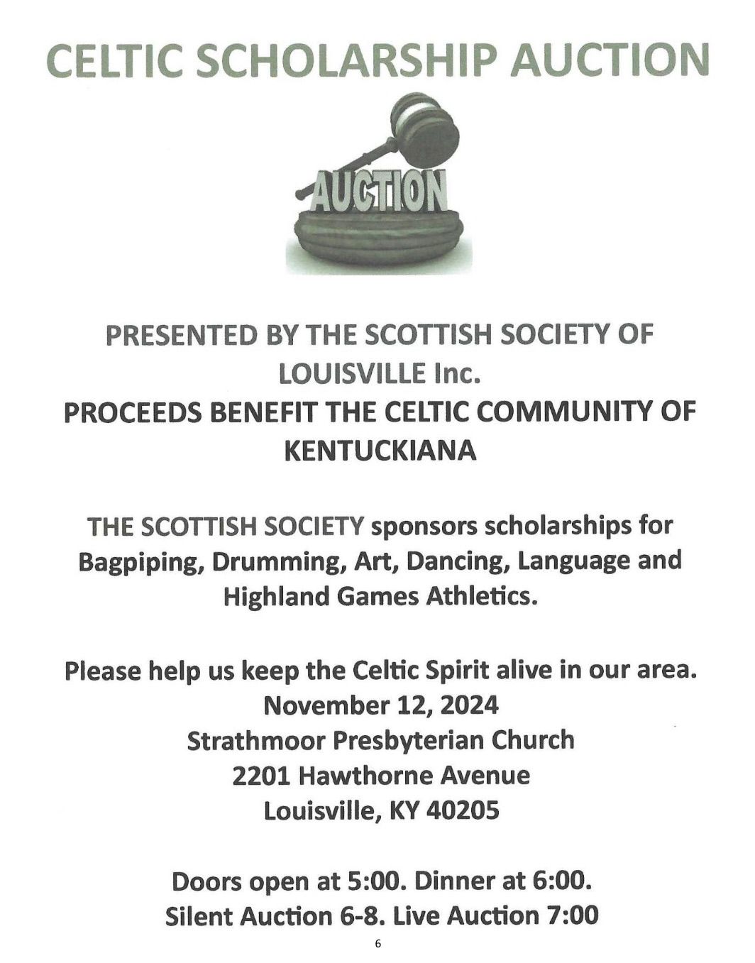 Scottish Society of Louisville 2024 Celtic Scholarship Auction Dinner