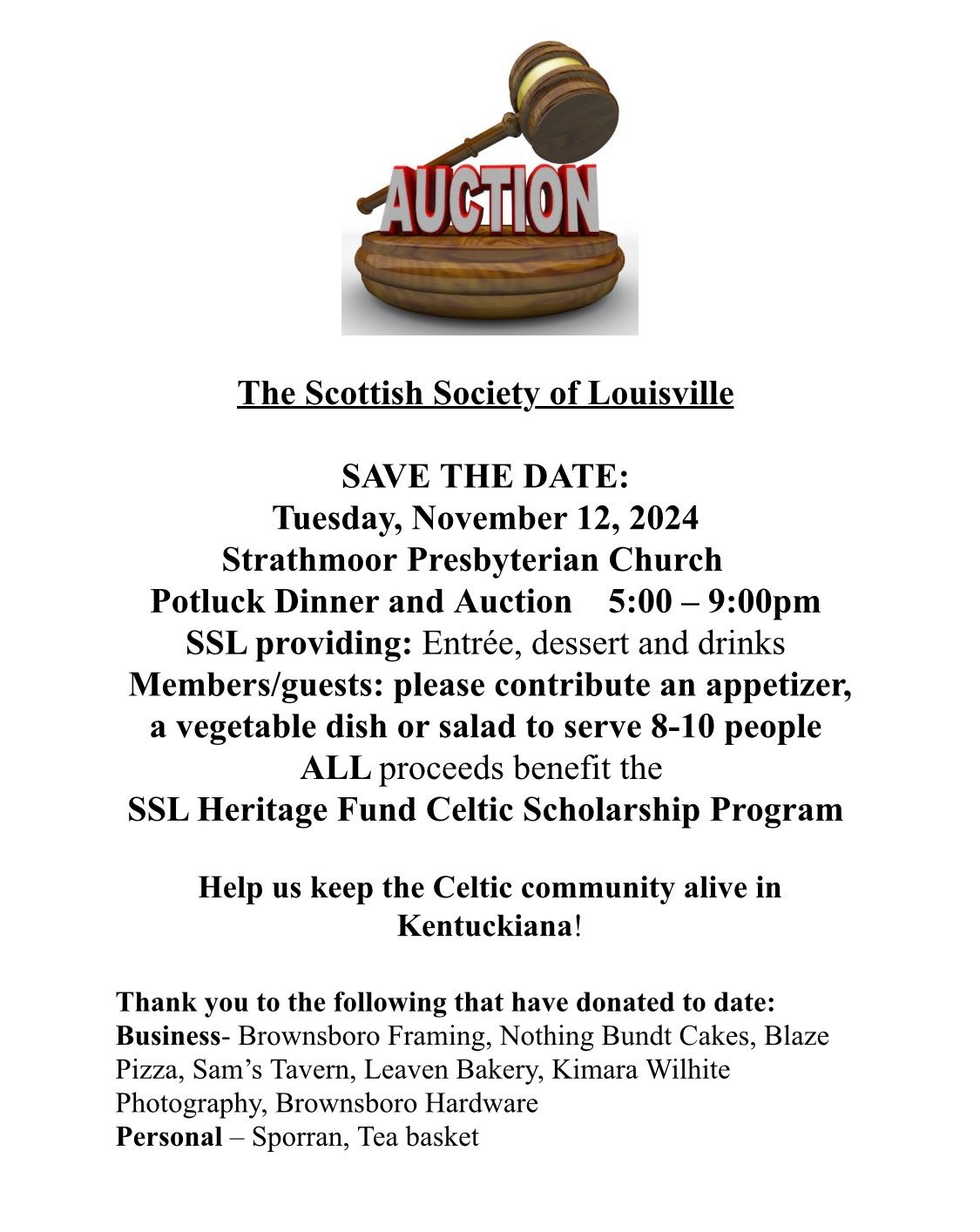 Scottish Society of Louisville 2024 Celtic Scholarship Auction Dinner