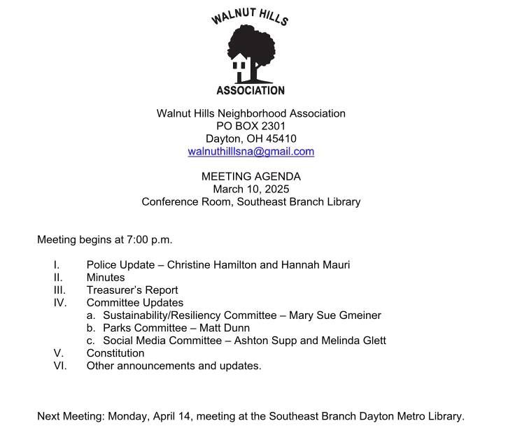 Walnut Hills Neighborhood Association March Meeting