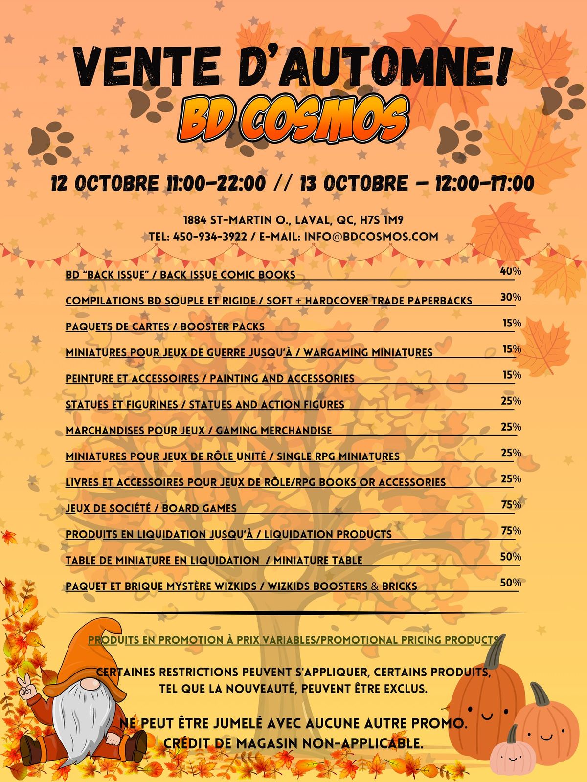 VENTE D'AUTOMNE DU BD COSMOS! FALL SALE AT BD COSMOS!