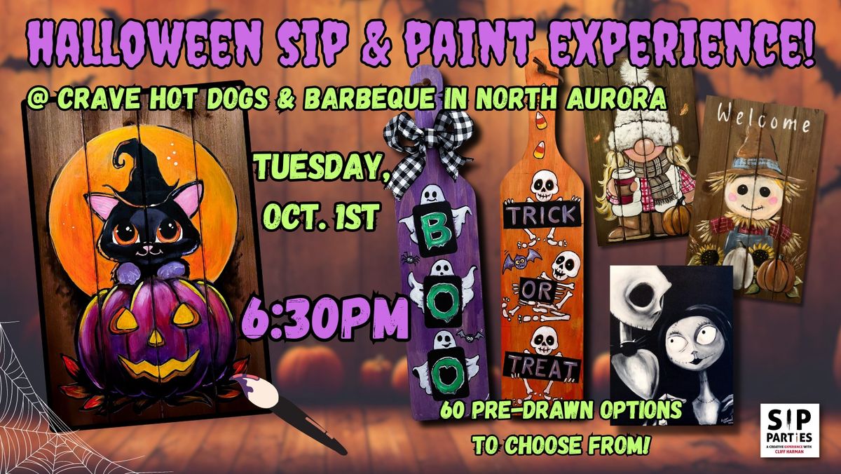 Pre-Drawn SIP & Paint Experience at Crave Hot Dogs & Barbeque in North Aurora! Tuesday, Oct. 1st!