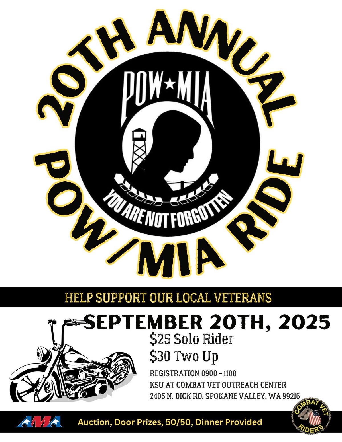 COMBAT VET RIDERS PRESENTS: 20th Annual POW\/MIA Benefit Ride