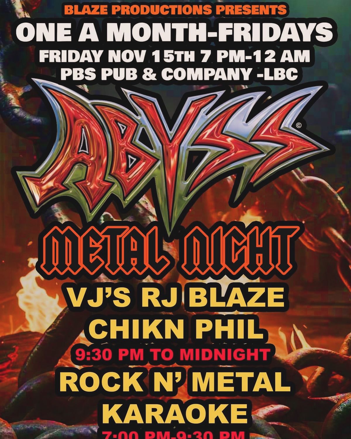 ABYSS METAL NIGHT RETURNS-EVERY FRIDAY ONCE A MONTH-NOV 15TH PBS PUB-LBC