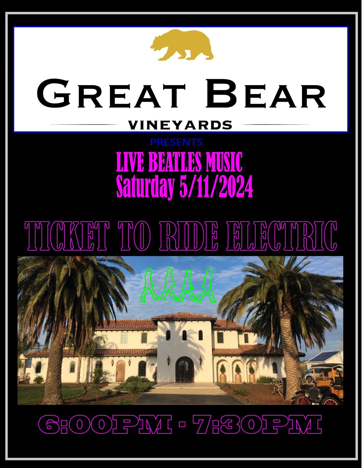 Ticket To Ride Electric at Great Bear Vineyards, Saturday May 11th!