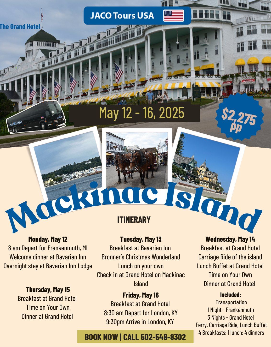 Mackinac Island - May 12 - 16, 2025 - JACO Tours USA