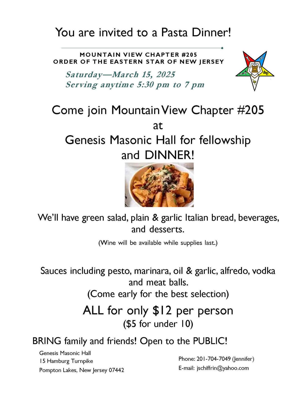 Pasta Dinner! MOUNTAIN CHAPTER #205 ORDER OF THE EASTERN STAR JERSEY 15, 2025