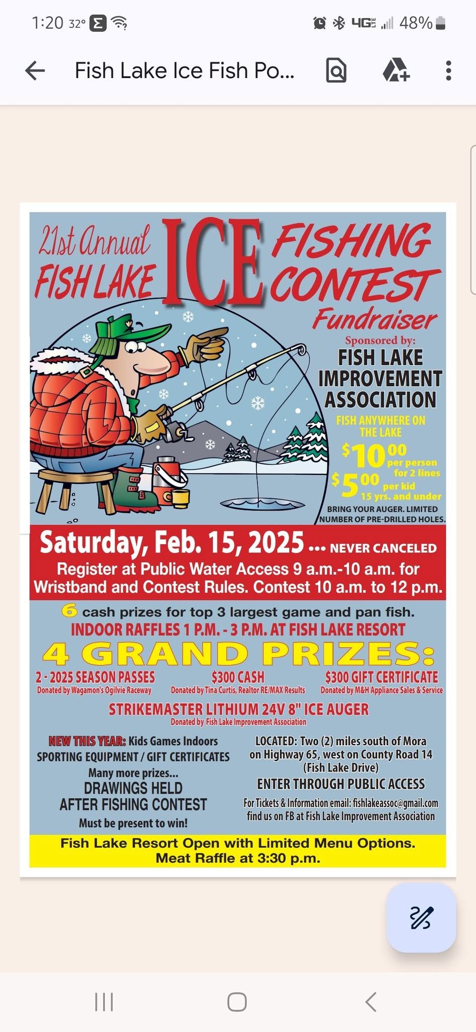 21st Annual Fish Lake Improvement Association Ice Fishing Contest Fundraiser 