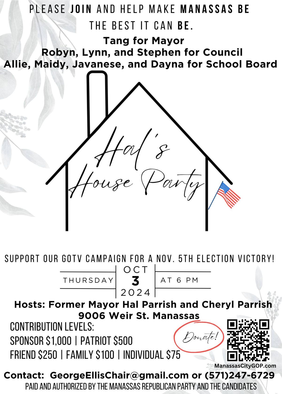 Hal's House Party! for the GOP Mayor, Council, and School Board Team 2024!