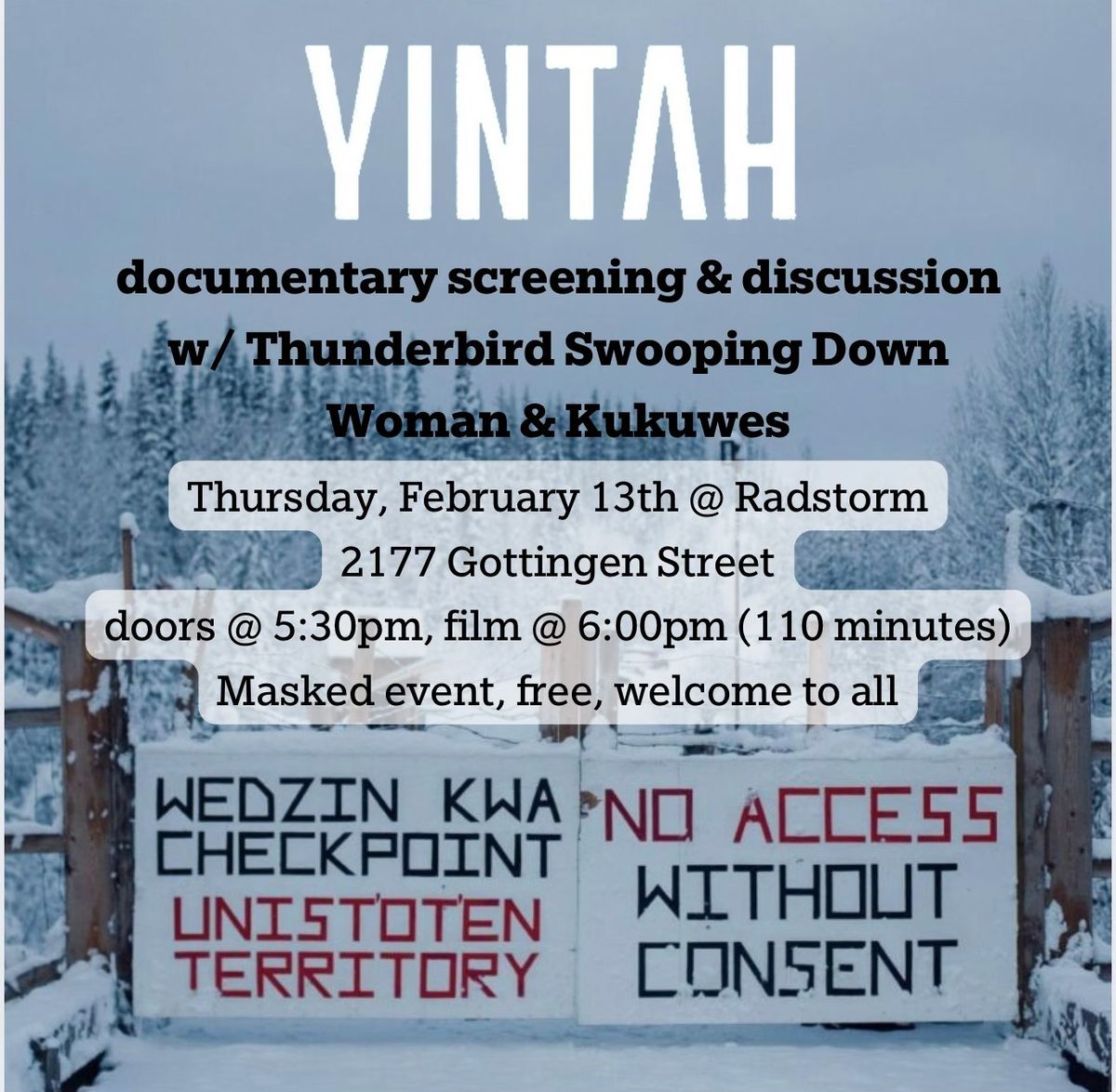 YINTAH Documentary Screening & Discussion w\/ Thunderbird Swooping Down Woman & Kukuwes