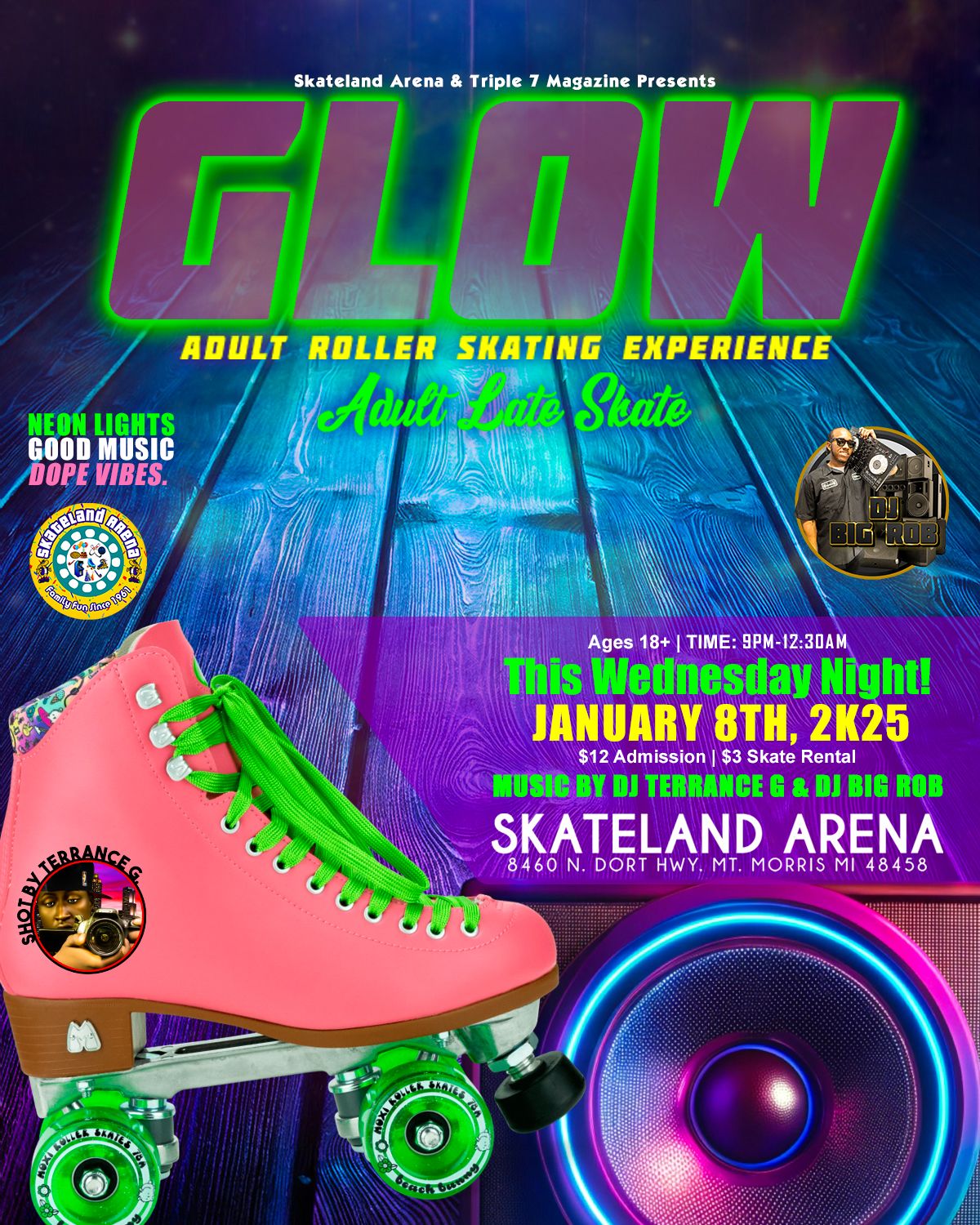 "Glow" Adult Roller Skating Experience Adult Late Skate This Wednesday Night! \ud83d\ude0e\ud83d\udefc\ud83d\udd25\ud83d\udd0a