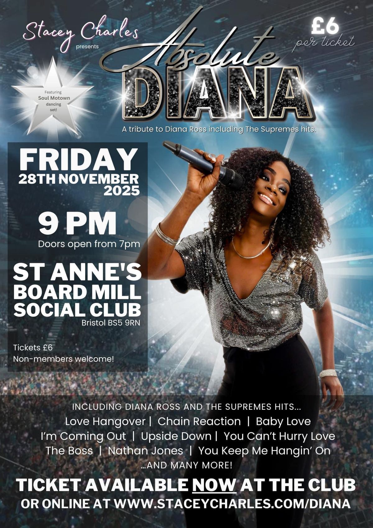 Tribute to Diana Ross\/The Supremes live at St. Anne\u2019s Board Mill Social Club - Friday 28th Nov 9pm