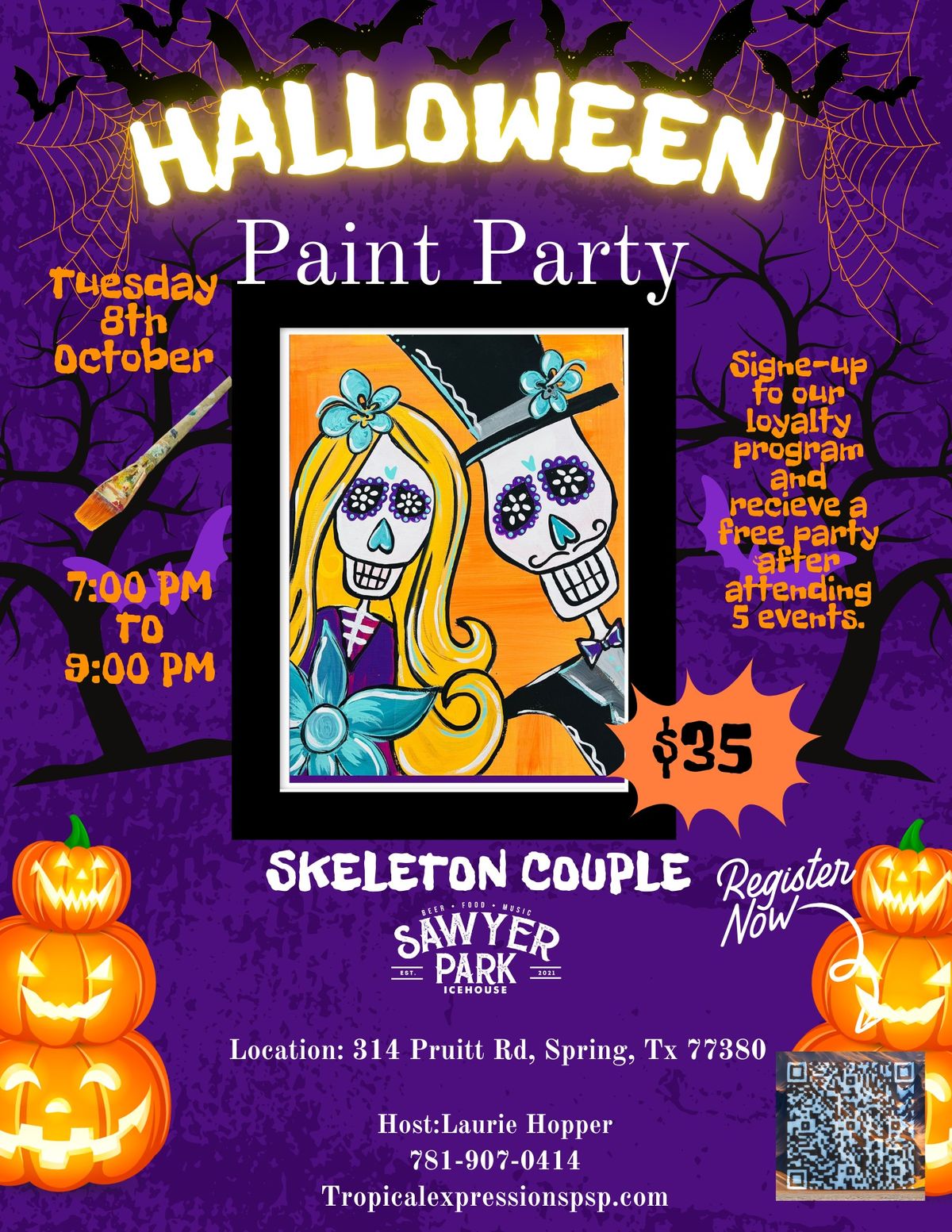 Skeleton Couple Paint Party at Sawyer's Park Icehouse