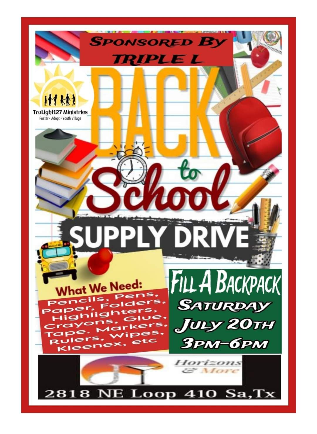 Triple L Sponsored & Horizons and More 2024 Backpack Drive 