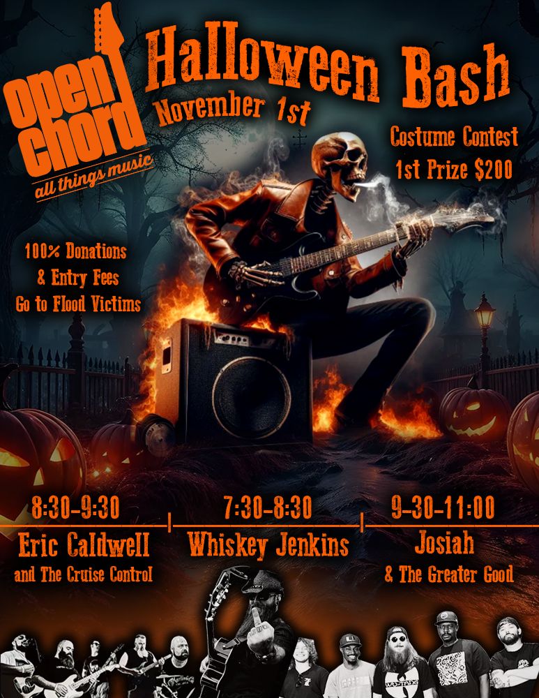 Open Chord Halloween Bash.  $200 Prize Best Costume. Door Fees and Donations go to Flood Victims 