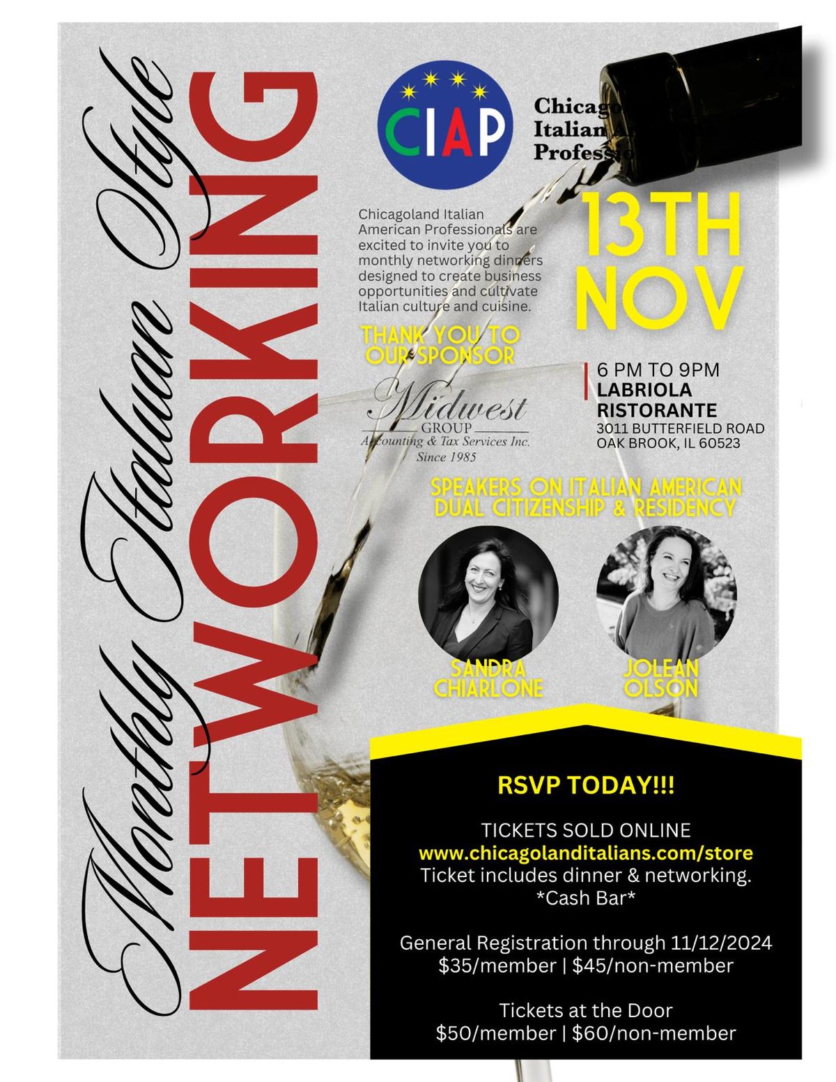 Networking Italian Style at Labriola Ristorante OakBrook - 2 Guest Speakers (Wednesday, Nov. 13th 