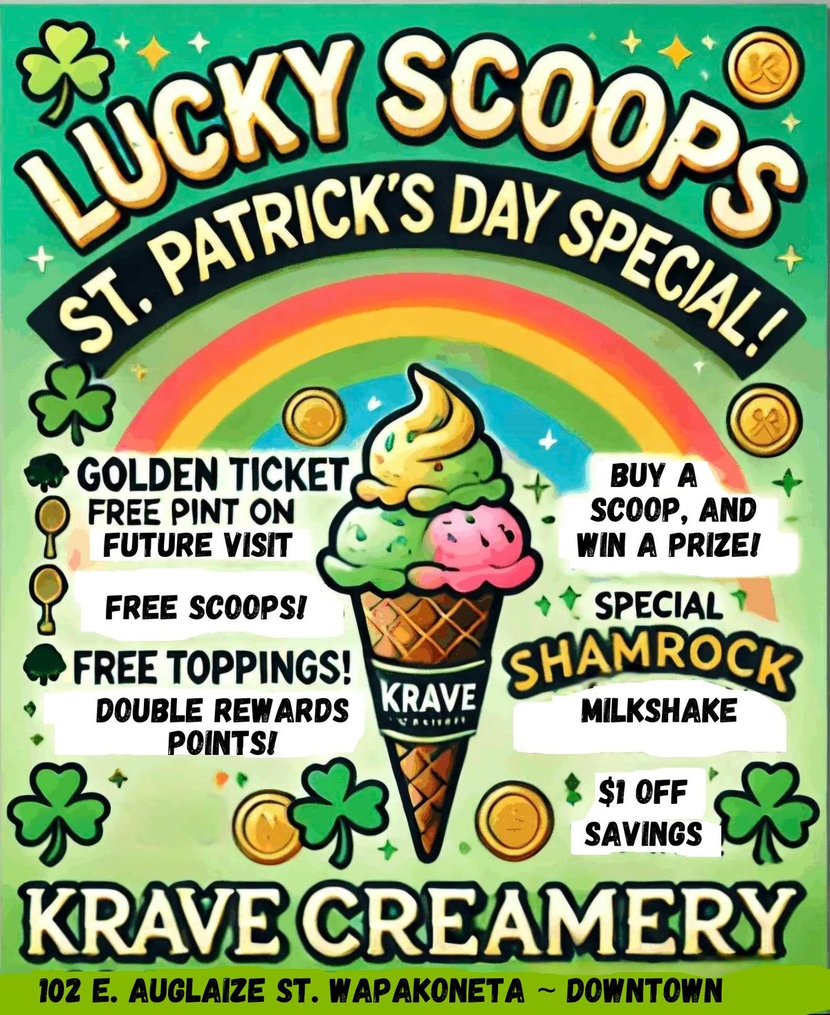 Kraving Lucky Scoops St. Patrick's Day Special at Krave Creamery in Wapakoneta