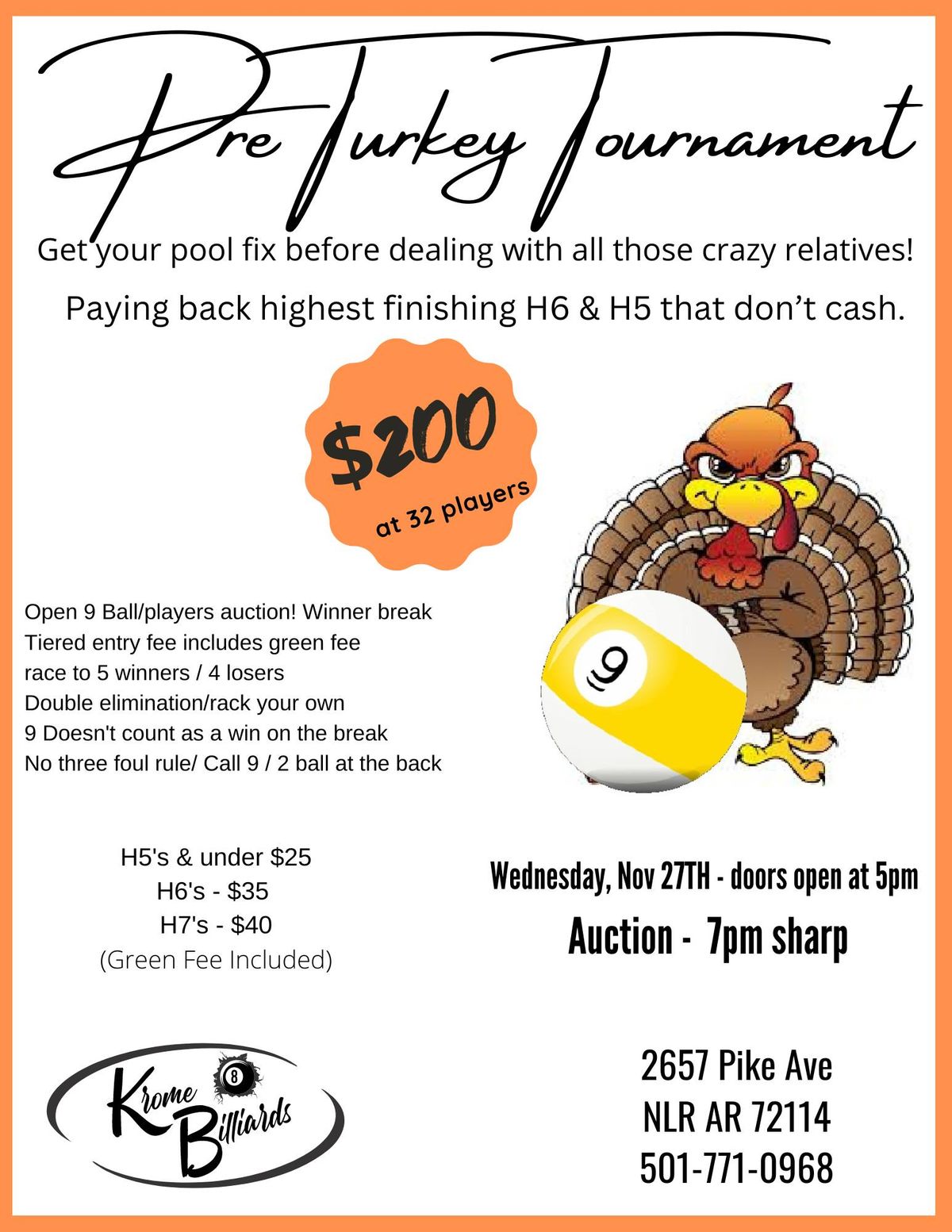 PreTurkey 9 Ball Tournament - $200 added at 32