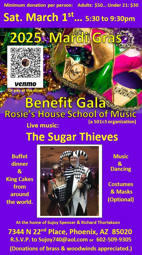 Mardi Gras Gala & Fundraiser for Rosie's House School of Music - Live music with the Sugar Thieves