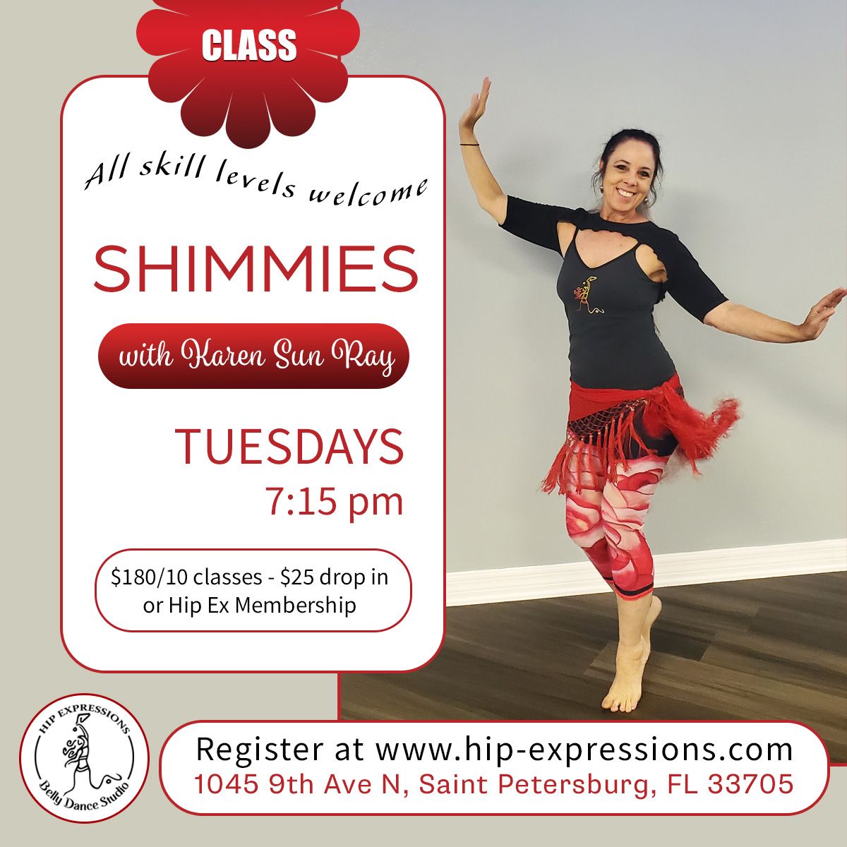 Shimmies with Karen Sun Ray | Tuesdays at 7:15 pm | Hip Expressions
