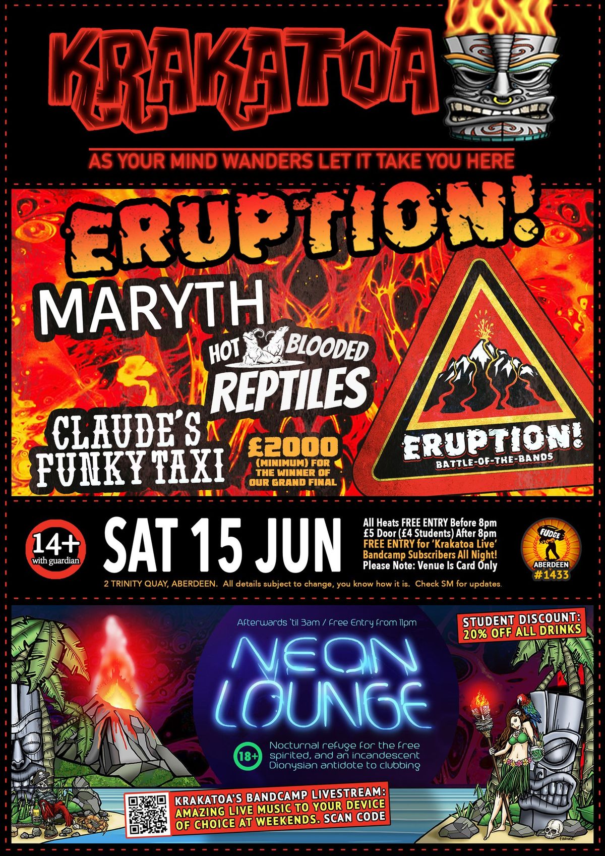 Eruption! \u00a32K BOTB - HEAT - Maryth + Hot Blooded Reptiles + Claude's Funky Taxi