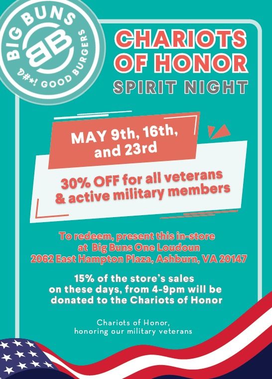 Chariots of Honor Spirit Night at Big Buns Burger in support of Military Appreciation Month